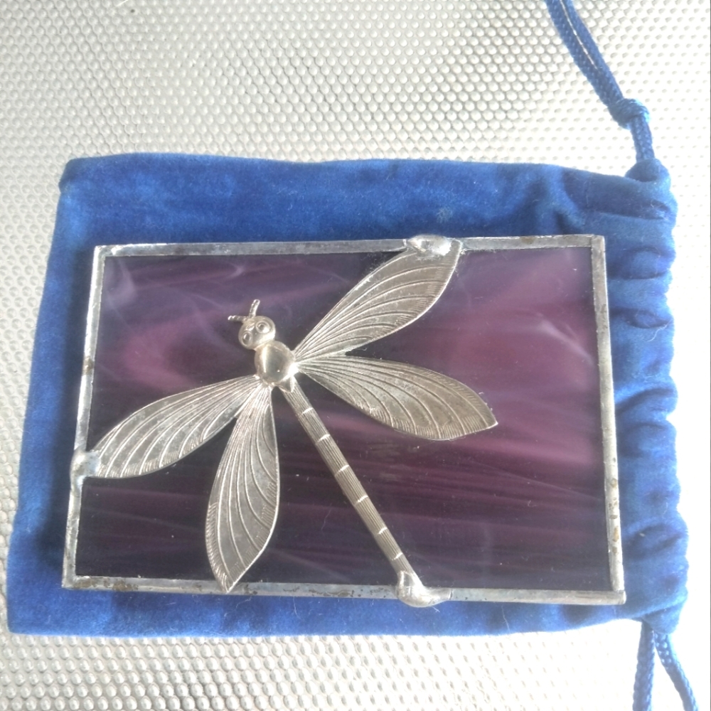 Pocketbook mirror with dragonfly and purple stained glass with blue velvet pouch